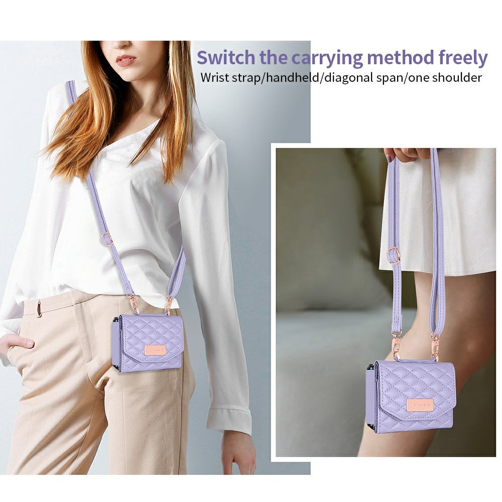 For Samsung Galaxy Z Flip7 FE 5G / Z Flip6 5G Case with Shoulder Strap PU+PC Wallet Phone Cover Built-In Back Screen Film - Purple