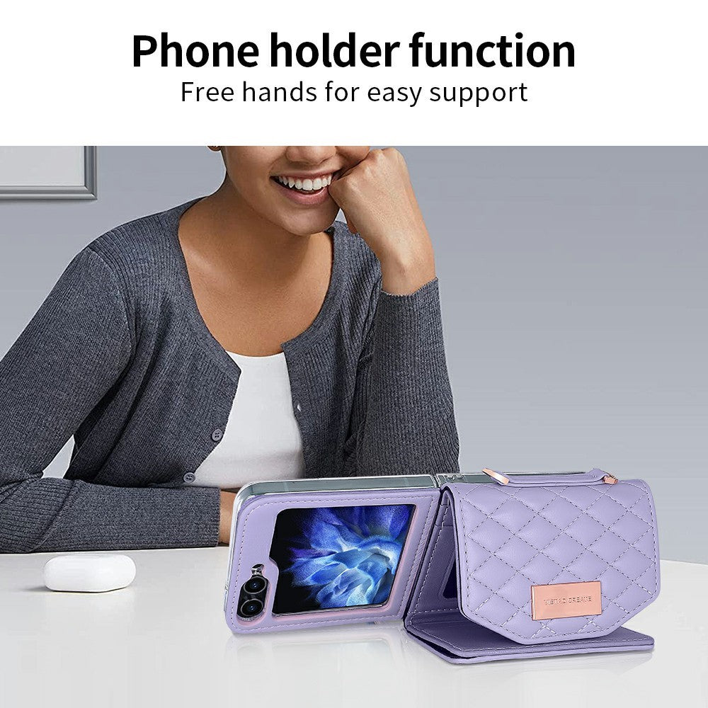 For Samsung Galaxy Z Flip7 FE 5G / Z Flip6 5G Case with Shoulder Strap PU+PC Wallet Phone Cover Built-In Back Screen Film - Purple