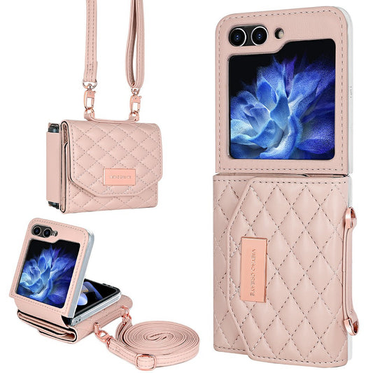 For Samsung Galaxy Z Flip7 FE 5G / Z Flip6 5G Case with Shoulder Strap PU+PC Wallet Phone Cover Built-In Back Screen Film - Pink