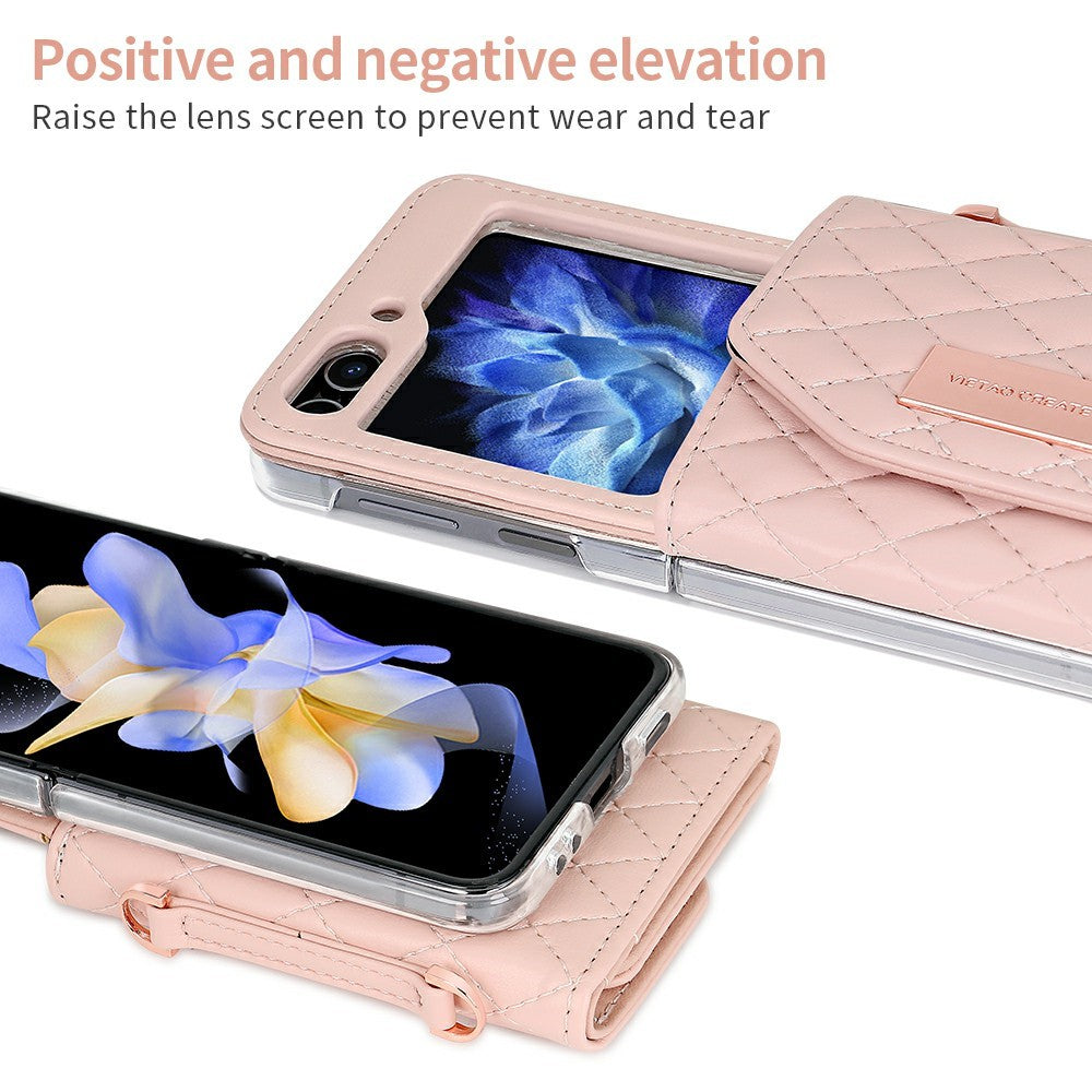 For Samsung Galaxy Z Flip7 FE 5G / Z Flip6 5G Case with Shoulder Strap PU+PC Wallet Phone Cover Built-In Back Screen Film - Pink