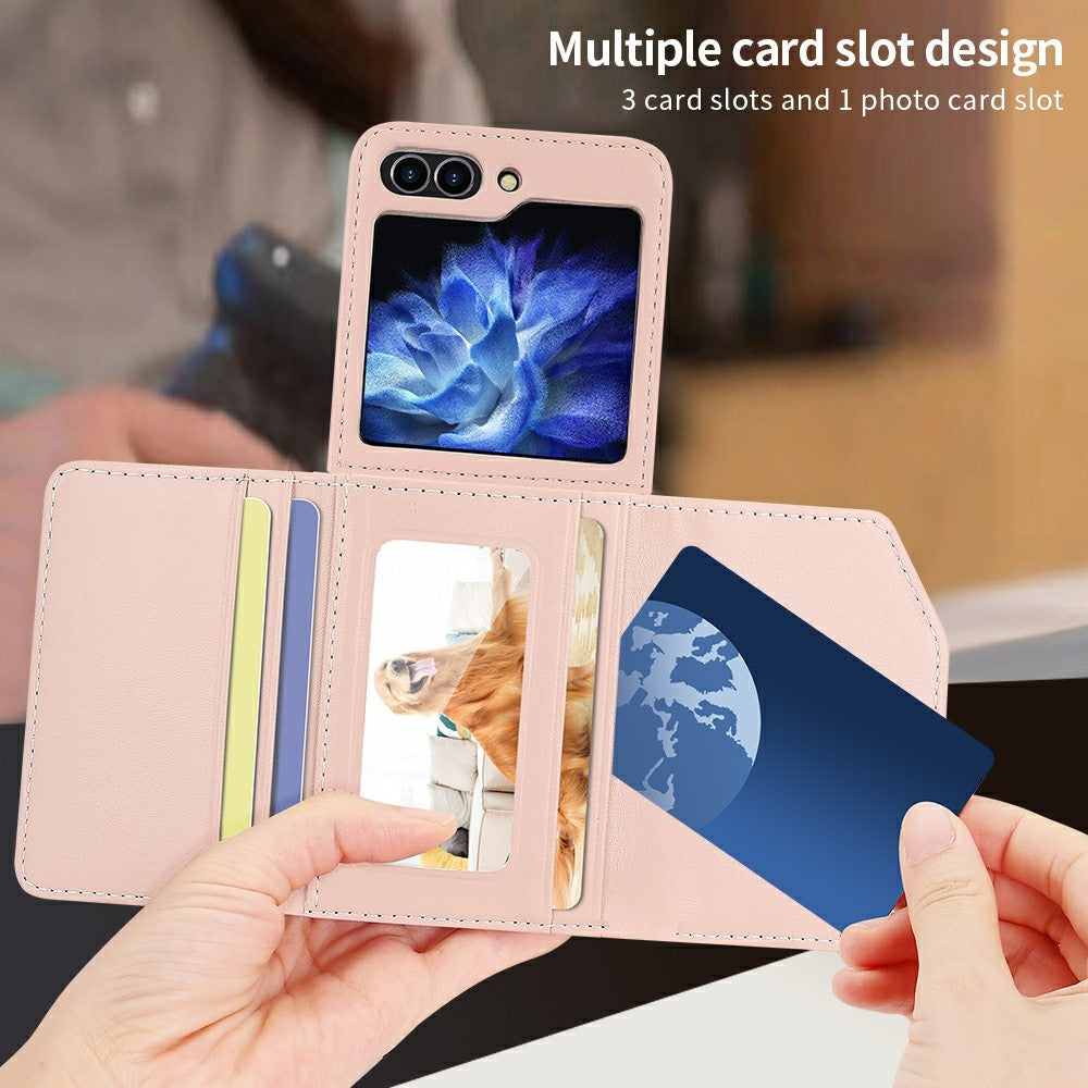 For Samsung Galaxy Z Flip7 FE 5G / Z Flip6 5G Case with Shoulder Strap PU+PC Wallet Phone Cover Built-In Back Screen Film - Pink
