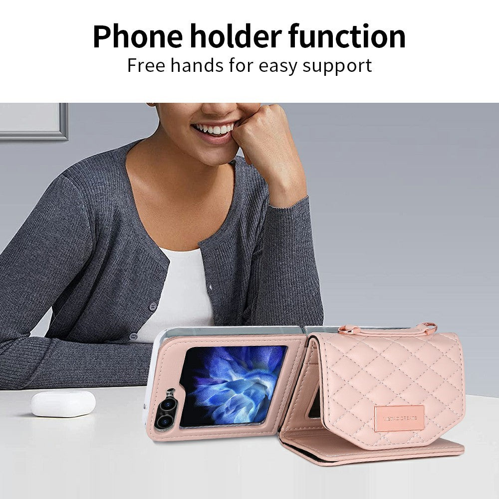 For Samsung Galaxy Z Flip7 FE 5G / Z Flip6 5G Case with Shoulder Strap PU+PC Wallet Phone Cover Built-In Back Screen Film - Pink