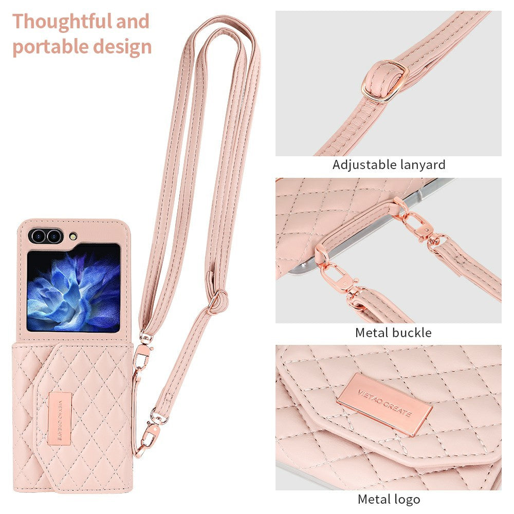For Samsung Galaxy Z Flip7 FE 5G / Z Flip6 5G Case with Shoulder Strap PU+PC Wallet Phone Cover Built-In Back Screen Film - Pink