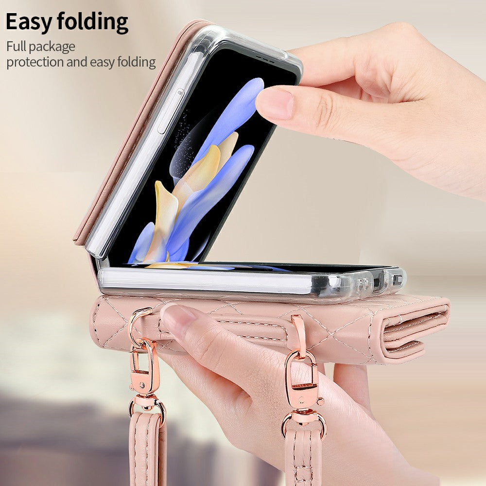For Samsung Galaxy Z Flip7 FE 5G / Z Flip6 5G Case with Shoulder Strap PU+PC Wallet Phone Cover Built-In Back Screen Film - Pink