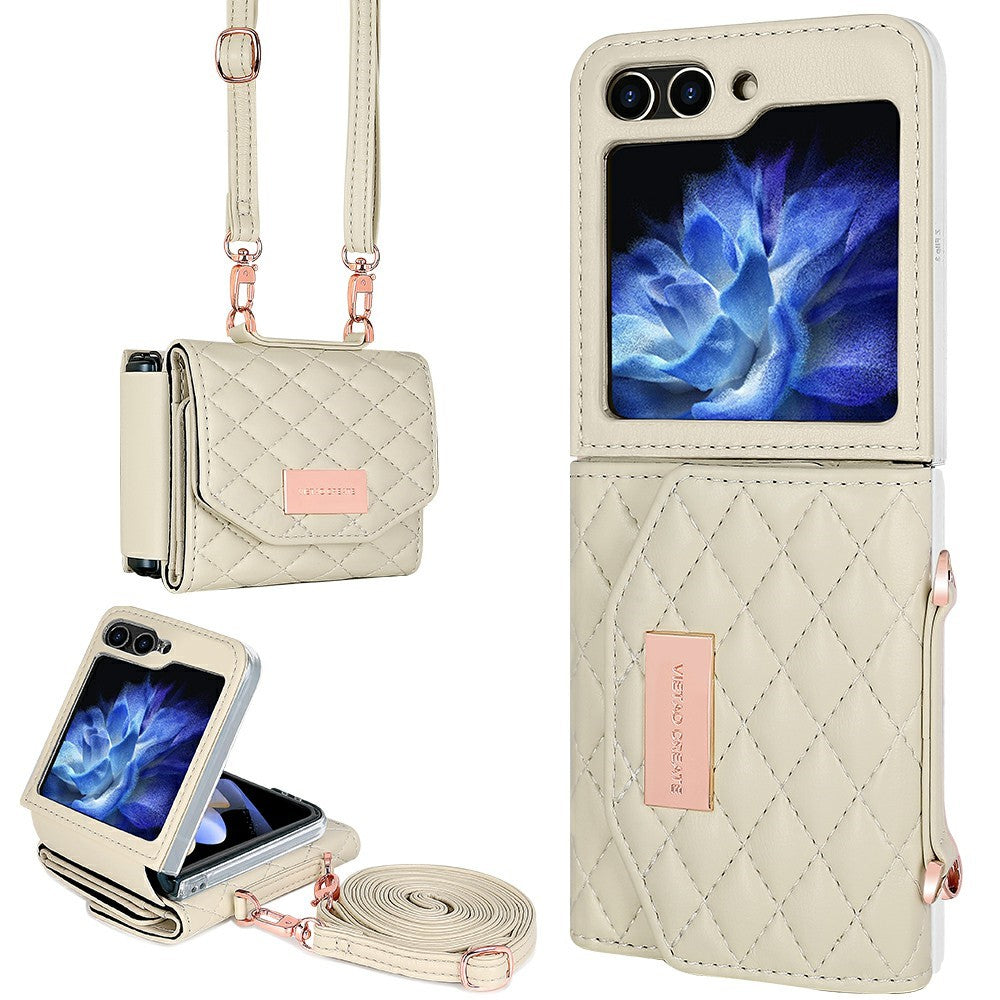 For Samsung Galaxy Z Flip7 FE 5G / Z Flip6 5G Case with Shoulder Strap PU+PC Wallet Phone Cover Built-In Back Screen Film - Beige