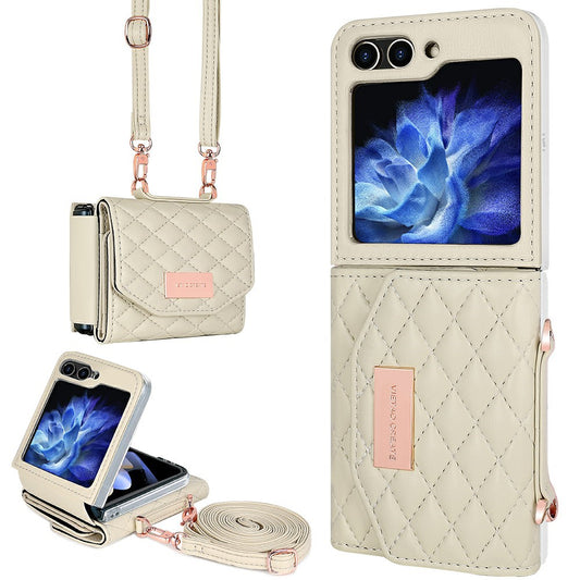 For Samsung Galaxy Z Flip7 FE 5G / Z Flip6 5G Case with Shoulder Strap PU+PC Wallet Phone Cover Built-In Back Screen Film - Beige