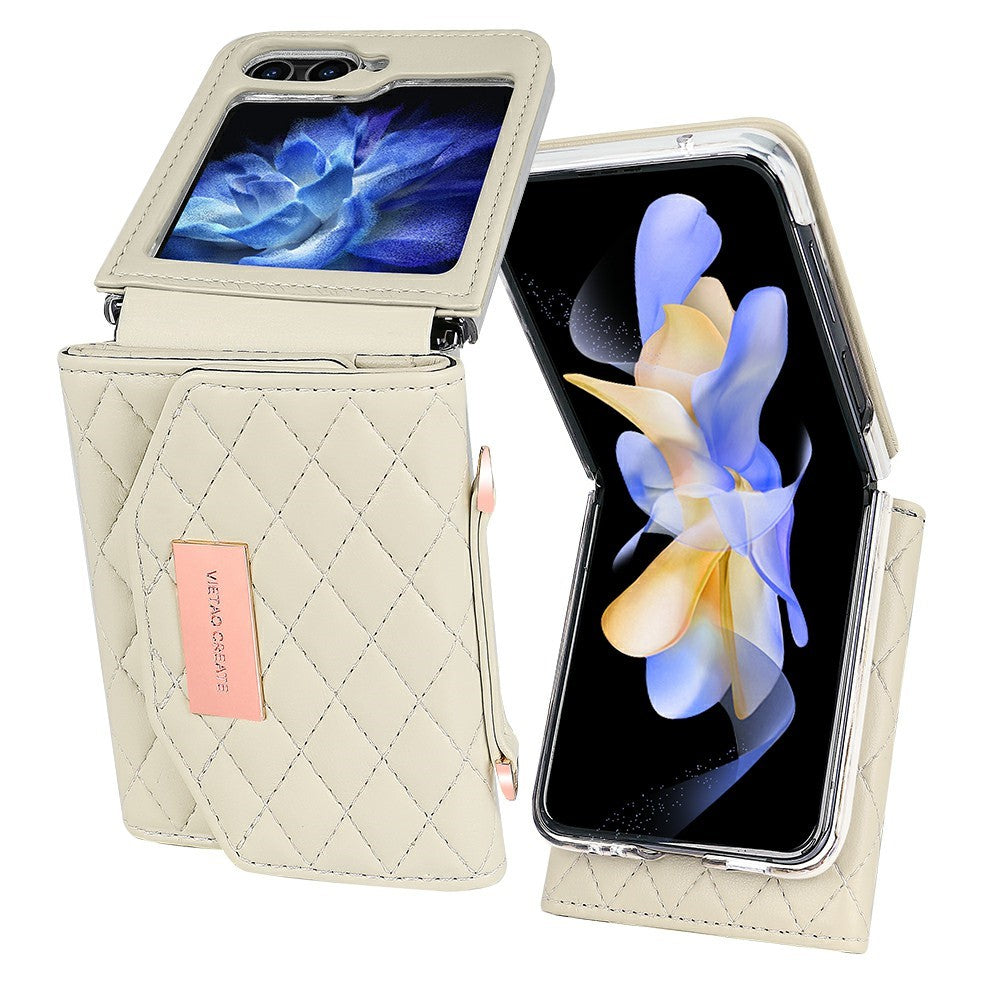 For Samsung Galaxy Z Flip7 FE 5G / Z Flip6 5G Case with Shoulder Strap PU+PC Wallet Phone Cover Built-In Back Screen Film - Beige