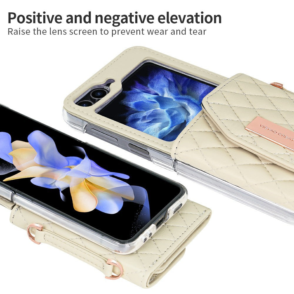 For Samsung Galaxy Z Flip7 FE 5G / Z Flip6 5G Case with Shoulder Strap PU+PC Wallet Phone Cover Built-In Back Screen Film - Beige