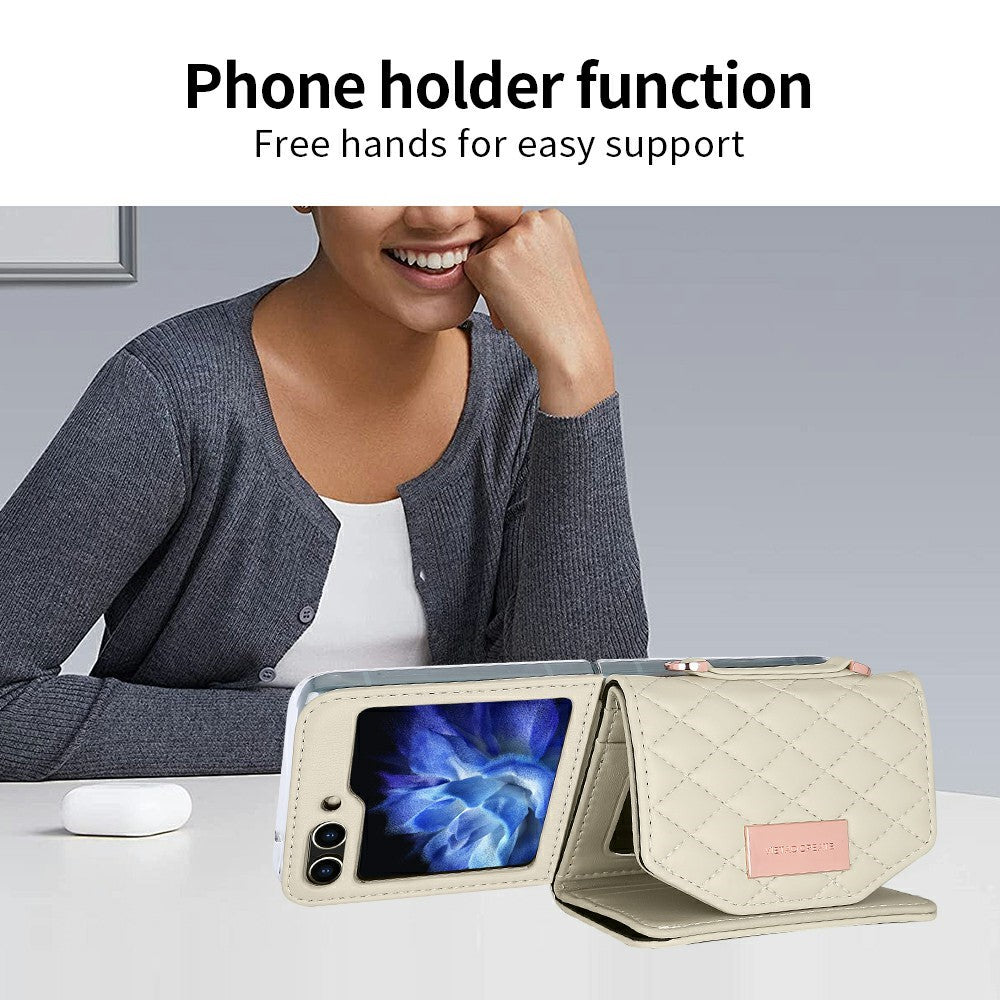 For Samsung Galaxy Z Flip7 FE 5G / Z Flip6 5G Case with Shoulder Strap PU+PC Wallet Phone Cover Built-In Back Screen Film - Beige