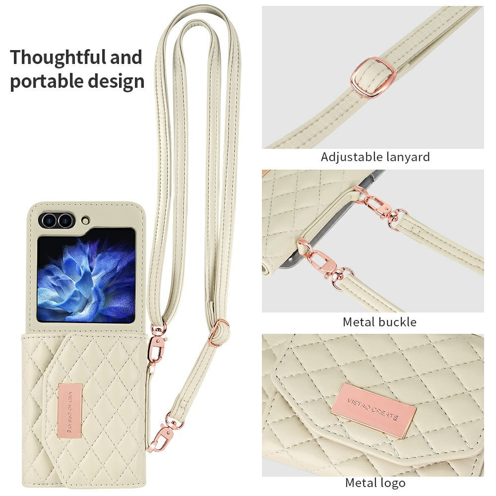 For Samsung Galaxy Z Flip7 FE 5G / Z Flip6 5G Case with Shoulder Strap PU+PC Wallet Phone Cover Built-In Back Screen Film - Beige