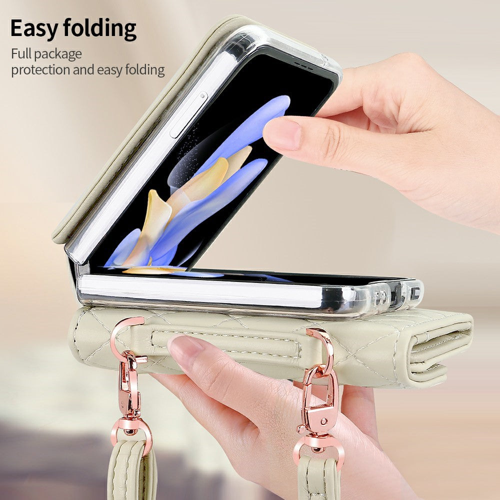 For Samsung Galaxy Z Flip7 FE 5G / Z Flip6 5G Case with Shoulder Strap PU+PC Wallet Phone Cover Built-In Back Screen Film - Beige