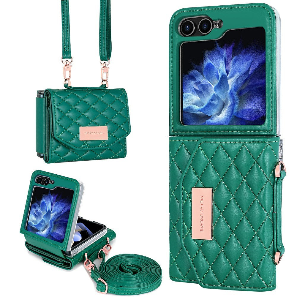 For Samsung Galaxy Z Flip7 FE 5G / Z Flip6 5G Case with Shoulder Strap PU+PC Wallet Phone Cover Built-In Back Screen Film - Green