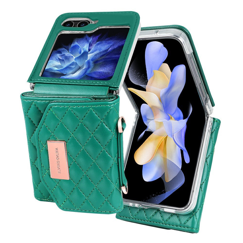 For Samsung Galaxy Z Flip7 FE 5G / Z Flip6 5G Case with Shoulder Strap PU+PC Wallet Phone Cover Built-In Back Screen Film - Green