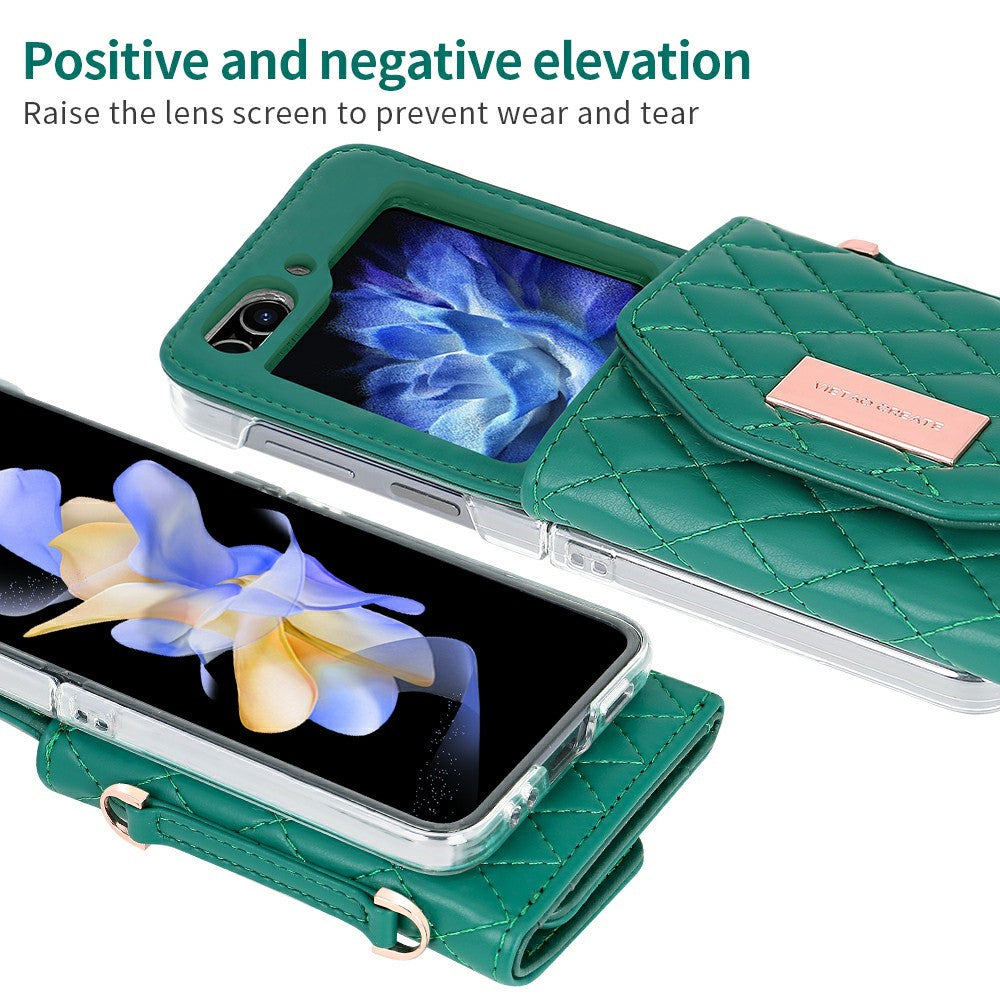 For Samsung Galaxy Z Flip7 FE 5G / Z Flip6 5G Case with Shoulder Strap PU+PC Wallet Phone Cover Built-In Back Screen Film - Green