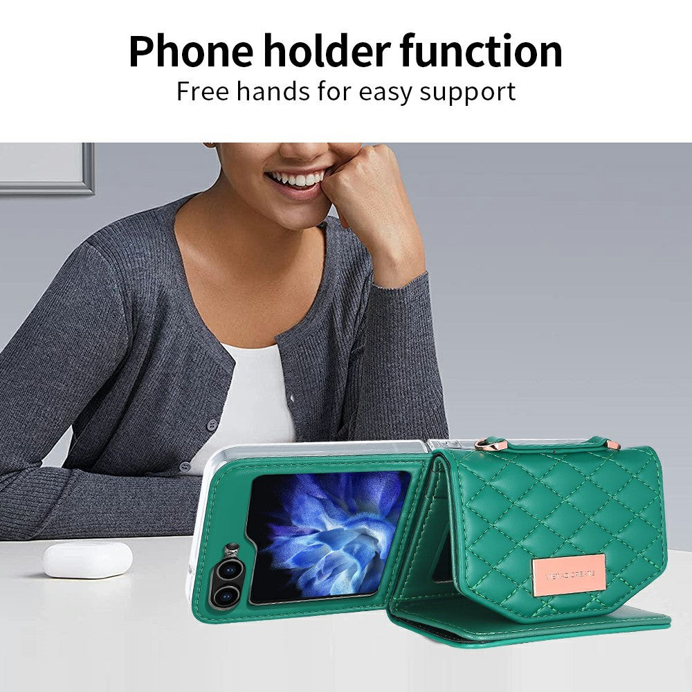 For Samsung Galaxy Z Flip7 FE 5G / Z Flip6 5G Case with Shoulder Strap PU+PC Wallet Phone Cover Built-In Back Screen Film - Green