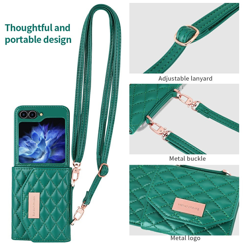 For Samsung Galaxy Z Flip7 FE 5G / Z Flip6 5G Case with Shoulder Strap PU+PC Wallet Phone Cover Built-In Back Screen Film - Green