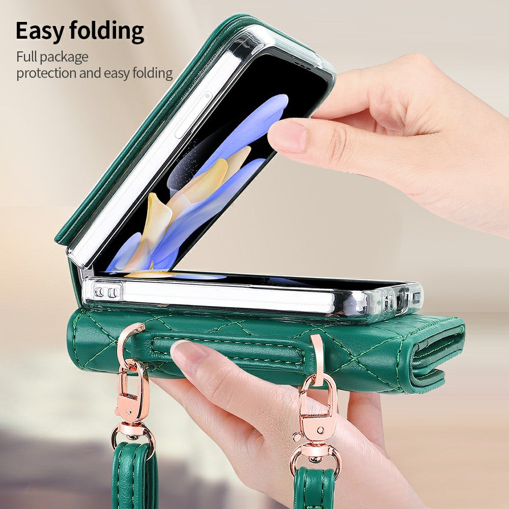 For Samsung Galaxy Z Flip7 FE 5G / Z Flip6 5G Case with Shoulder Strap PU+PC Wallet Phone Cover Built-In Back Screen Film - Green