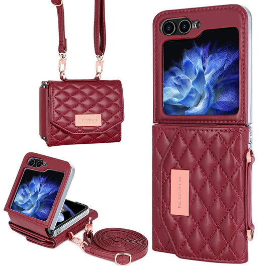 For Samsung Galaxy Z Flip7 FE 5G / Z Flip6 5G Case with Shoulder Strap PU+PC Wallet Phone Cover Built-In Back Screen Film - Red