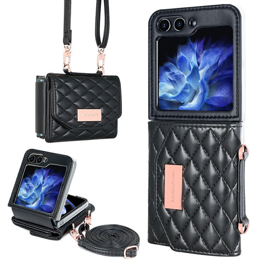 For Samsung Galaxy Z Flip7 FE 5G / Z Flip6 5G Case with Shoulder Strap PU+PC Wallet Phone Cover Built-In Back Screen Film - Black