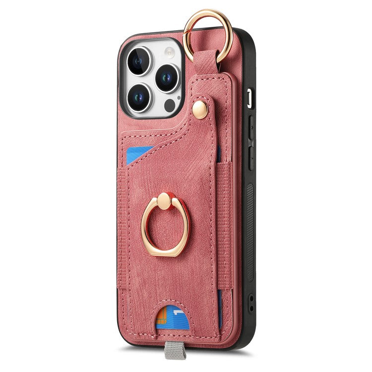 For iPhone 16 Pro Case Card Slots Leather+TPU Phone Cover with Ring Buckle - Pink