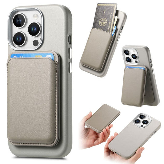 For iPhone 16 Pro Case Detachable Card Slot Leather+TPU Phone Cover with Metal Buttons - Grey