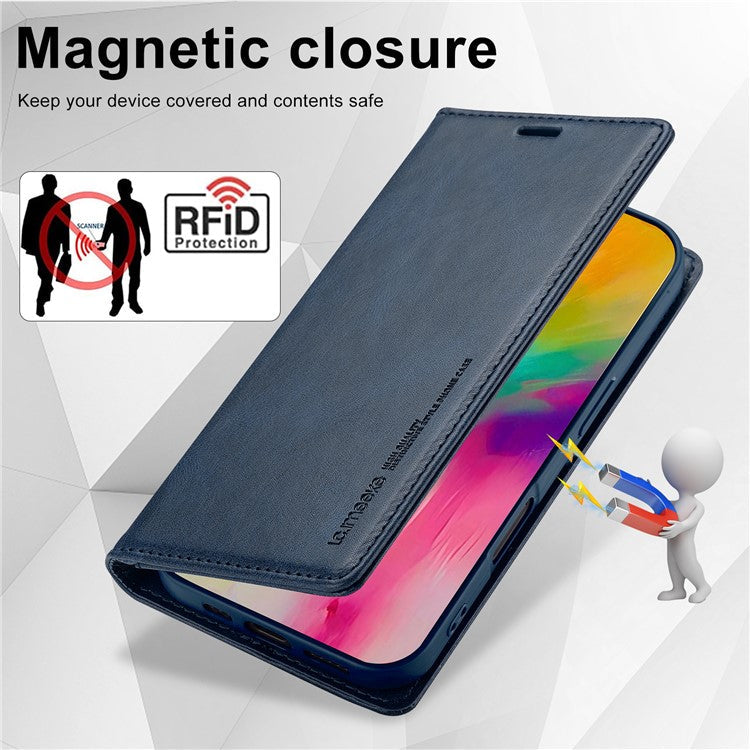 LC.IMEEKE For iPhone 16 Leather Case RFID Blocking Card Slots Phone Cover - Blue