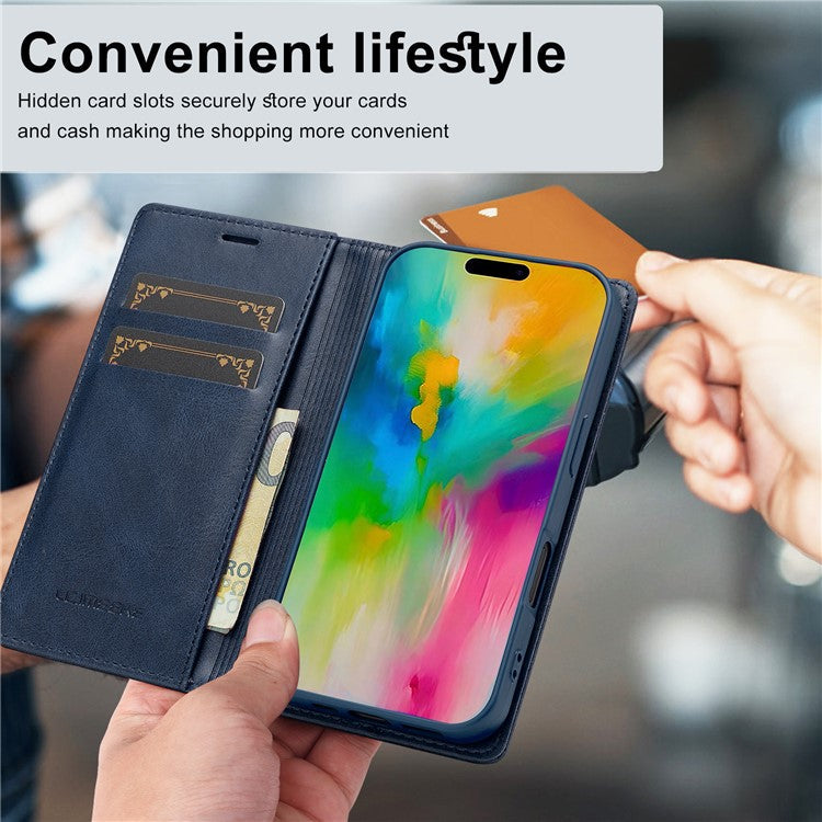 LC.IMEEKE For iPhone 16 Leather Case RFID Blocking Card Slots Phone Cover - Blue