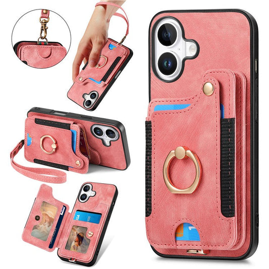 For iPhone 16 Plus Case RFID Blocking Handbag Leather+TPU Phone Cover Card Slots, Ring Holder - Pink