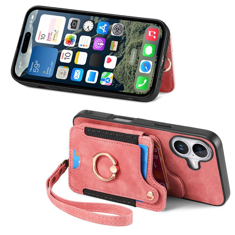 For iPhone 16 Plus Case RFID Blocking Handbag Leather+TPU Phone Cover Card Slots, Ring Holder - Pink