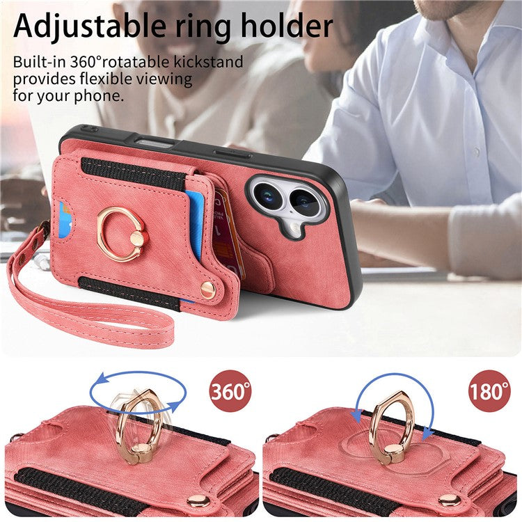 For iPhone 16 Plus Case RFID Blocking Handbag Leather+TPU Phone Cover Card Slots, Ring Holder - Pink