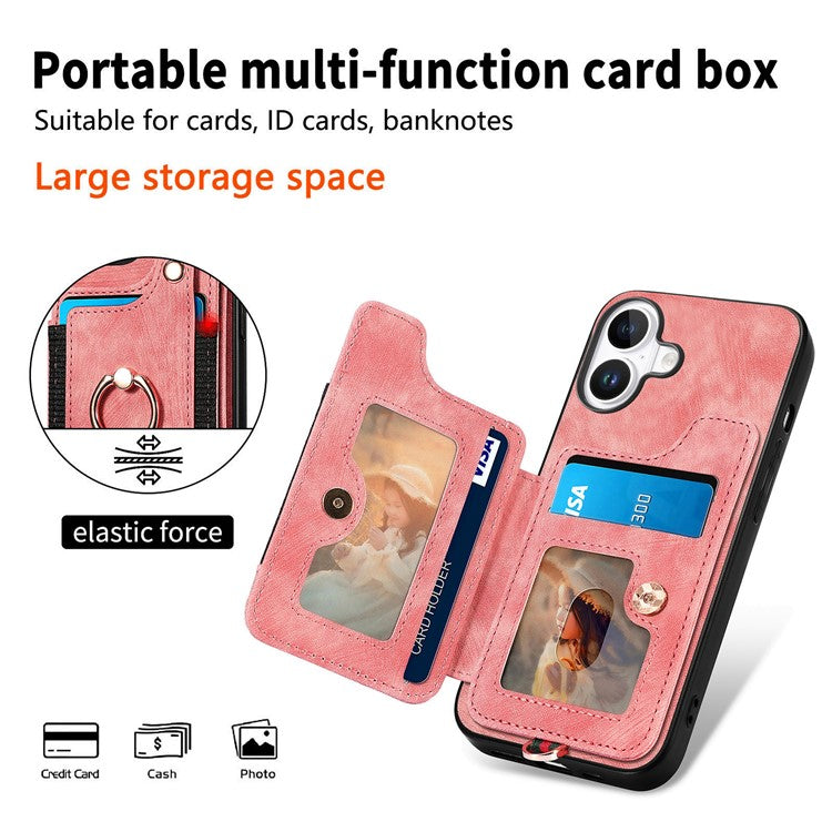 For iPhone 16 Plus Case RFID Blocking Handbag Leather+TPU Phone Cover Card Slots, Ring Holder - Pink