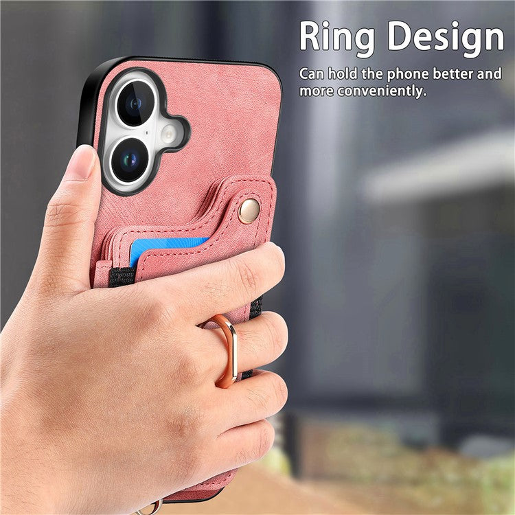 For iPhone 16 Plus Case RFID Blocking Handbag Leather+TPU Phone Cover Card Slots, Ring Holder - Pink