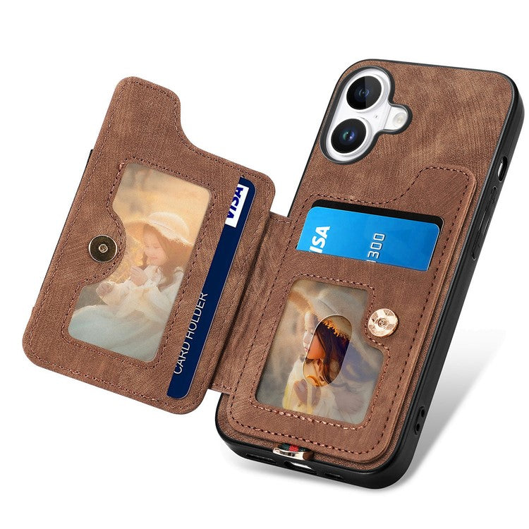 For iPhone 16 Case RFID Blocking Handbag Leather+TPU Phone Cover Card Slots, Ring Holder - Brown