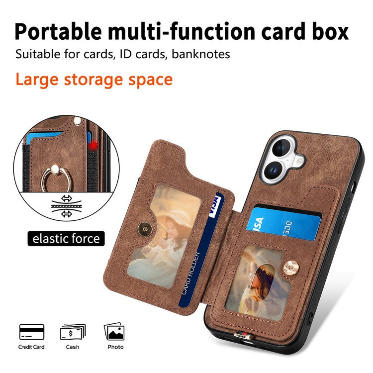 For iPhone 16 Case RFID Blocking Handbag Leather+TPU Phone Cover Card Slots, Ring Holder - Brown
