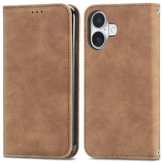 For iPhone 16 Case Skin Touch Feeling Leather Card Holder Phone Cover Magnetic Absorption - Brown