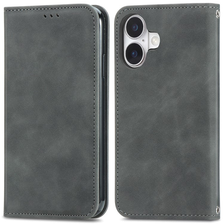 For iPhone 16 Case Skin Touch Feeling Leather Card Holder Phone Cover Magnetic Absorption - Grey