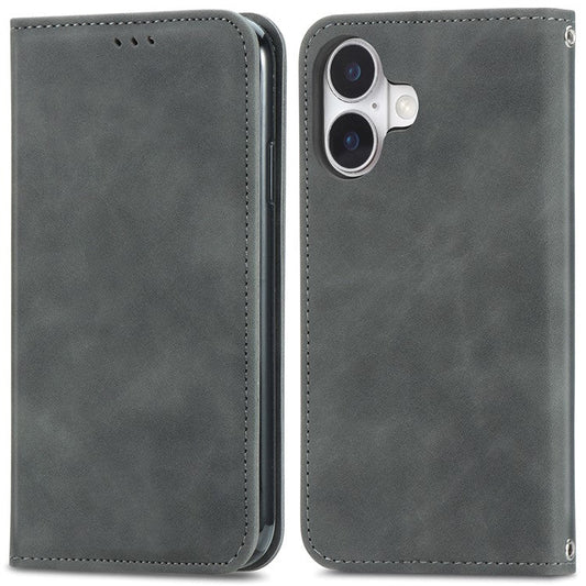 For iPhone 16 Case Skin Touch Feeling Leather Card Holder Phone Cover Magnetic Absorption - Grey