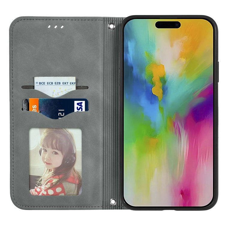 For iPhone 16 Case Skin Touch Feeling Leather Card Holder Phone Cover Magnetic Absorption - Grey