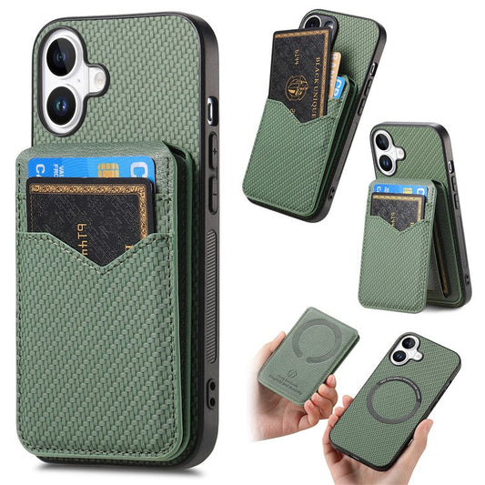 For iPhone 16 Plus Case Carbon Fiber Texture Leather+TPU Kickstand Phone Cover Detachable Card Holder - Green