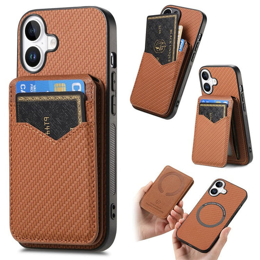 For iPhone 16 Plus Case Carbon Fiber Texture Leather+TPU Kickstand Phone Cover Detachable Card Holder - Brown