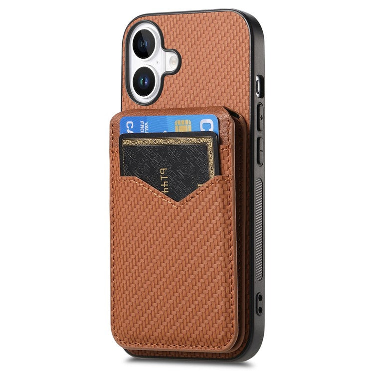 For iPhone 16 Plus Case Carbon Fiber Texture Leather+TPU Kickstand Phone Cover Detachable Card Holder - Brown