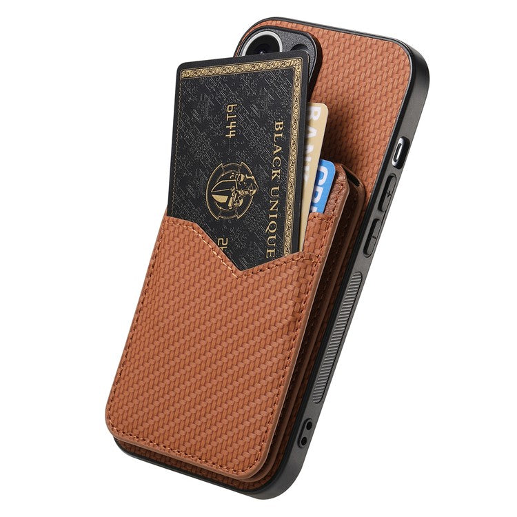 For iPhone 16 Plus Case Carbon Fiber Texture Leather+TPU Kickstand Phone Cover Detachable Card Holder - Brown