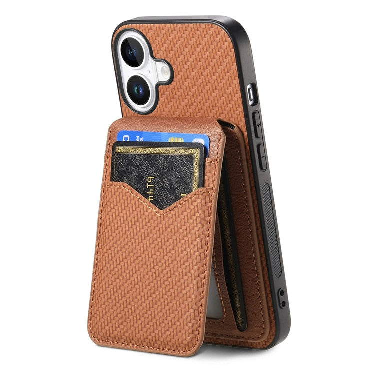 For iPhone 16 Plus Case Carbon Fiber Texture Leather+TPU Kickstand Phone Cover Detachable Card Holder - Brown