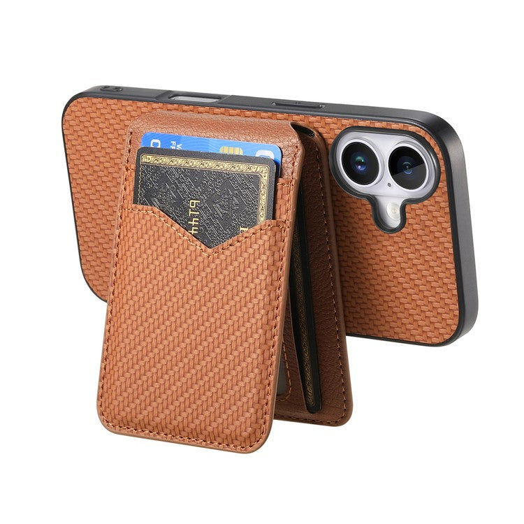 For iPhone 16 Plus Case Carbon Fiber Texture Leather+TPU Kickstand Phone Cover Detachable Card Holder - Brown
