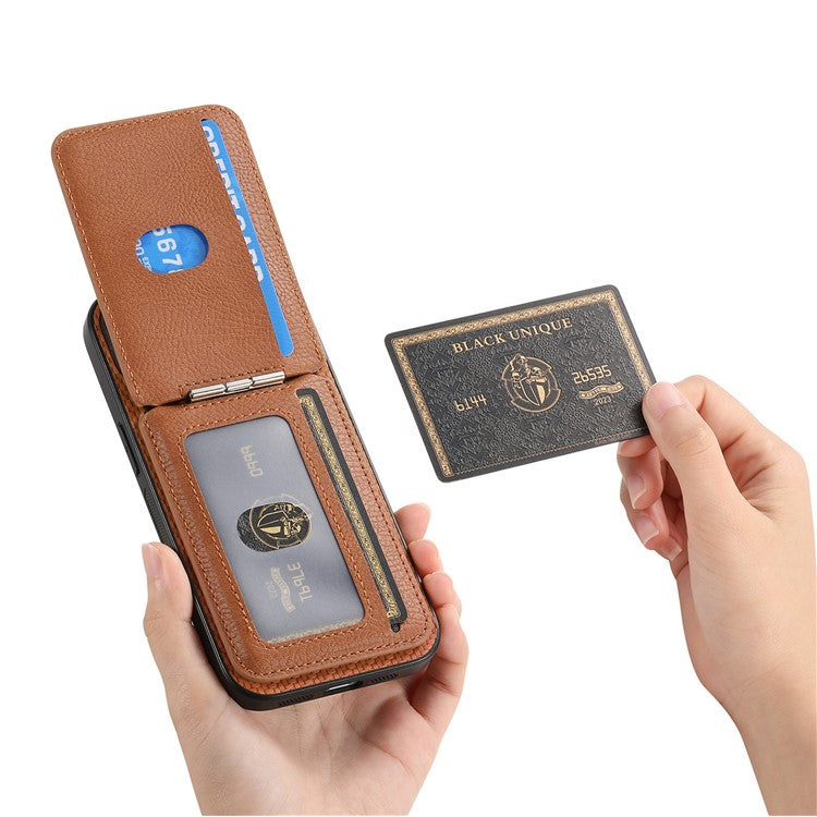 For iPhone 16 Plus Case Carbon Fiber Texture Leather+TPU Kickstand Phone Cover Detachable Card Holder - Brown