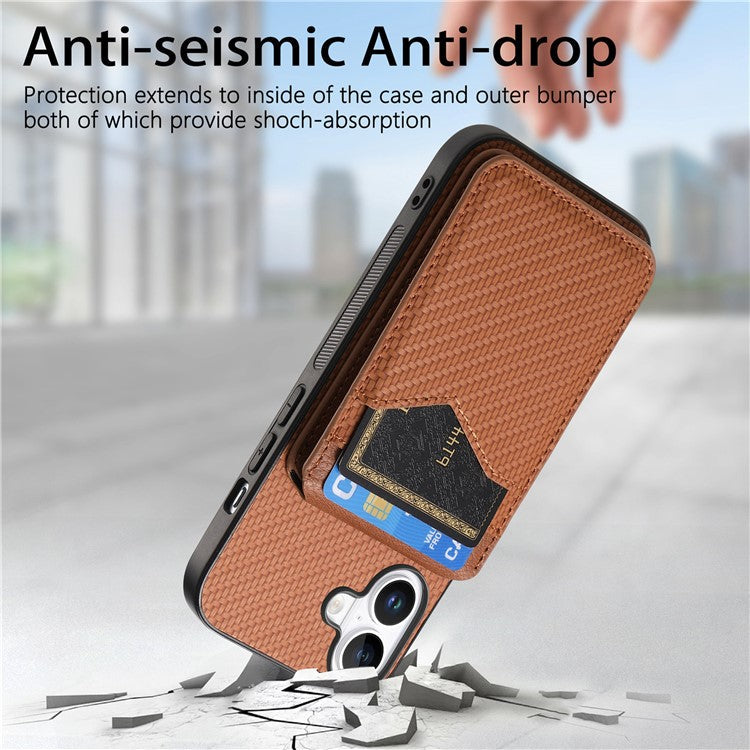 For iPhone 16 Plus Case Carbon Fiber Texture Leather+TPU Kickstand Phone Cover Detachable Card Holder - Brown