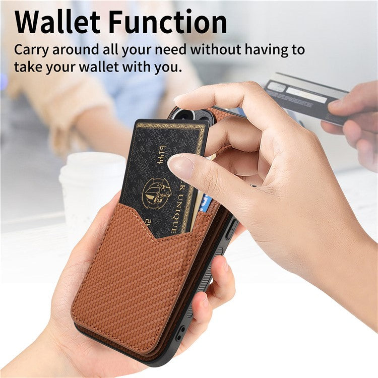For iPhone 16 Plus Case Carbon Fiber Texture Leather+TPU Kickstand Phone Cover Detachable Card Holder - Brown