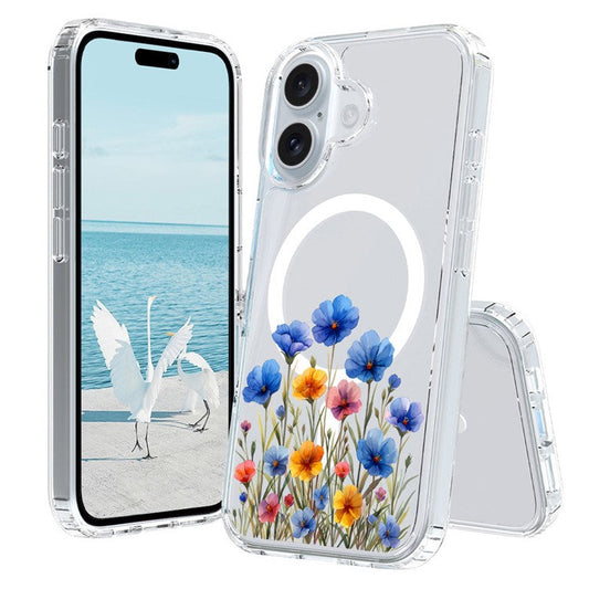 For iPhone 16 Plus Case Compatible with MagSafe Flower Pattern Printing TPU+PC Phone Cover - Style J