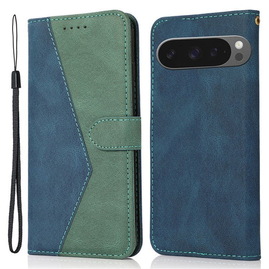 For Google Pixel 9 Pro XL Cover Color Splicing Wallet Stand Leather Phone Case with Wrist Strap - Blue+Green