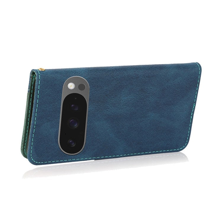 For Google Pixel 9 Pro XL Cover Color Splicing Wallet Stand Leather Phone Case with Wrist Strap - Blue+Green